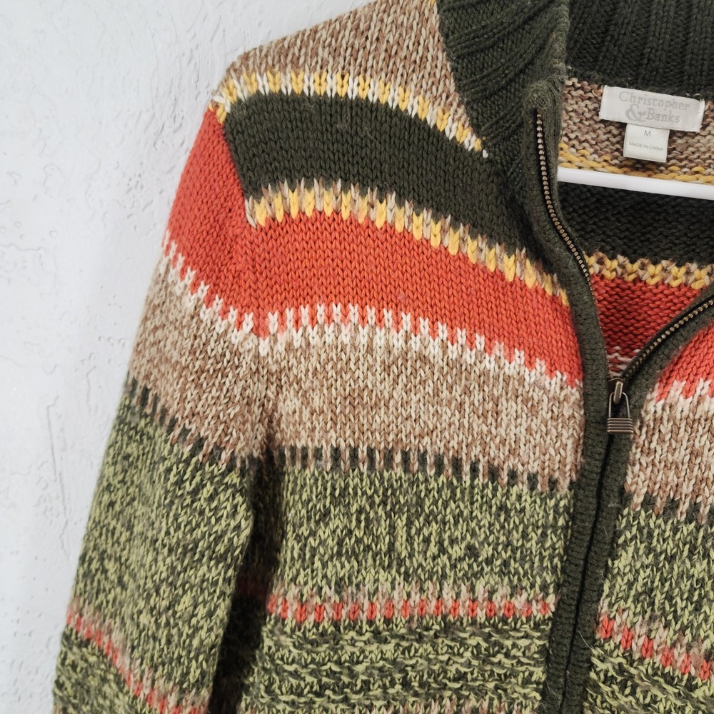 Christopher & Banks Green Striped Wool Blend Full Cardigan Sweater Grandmacore - Picture 2 of 6